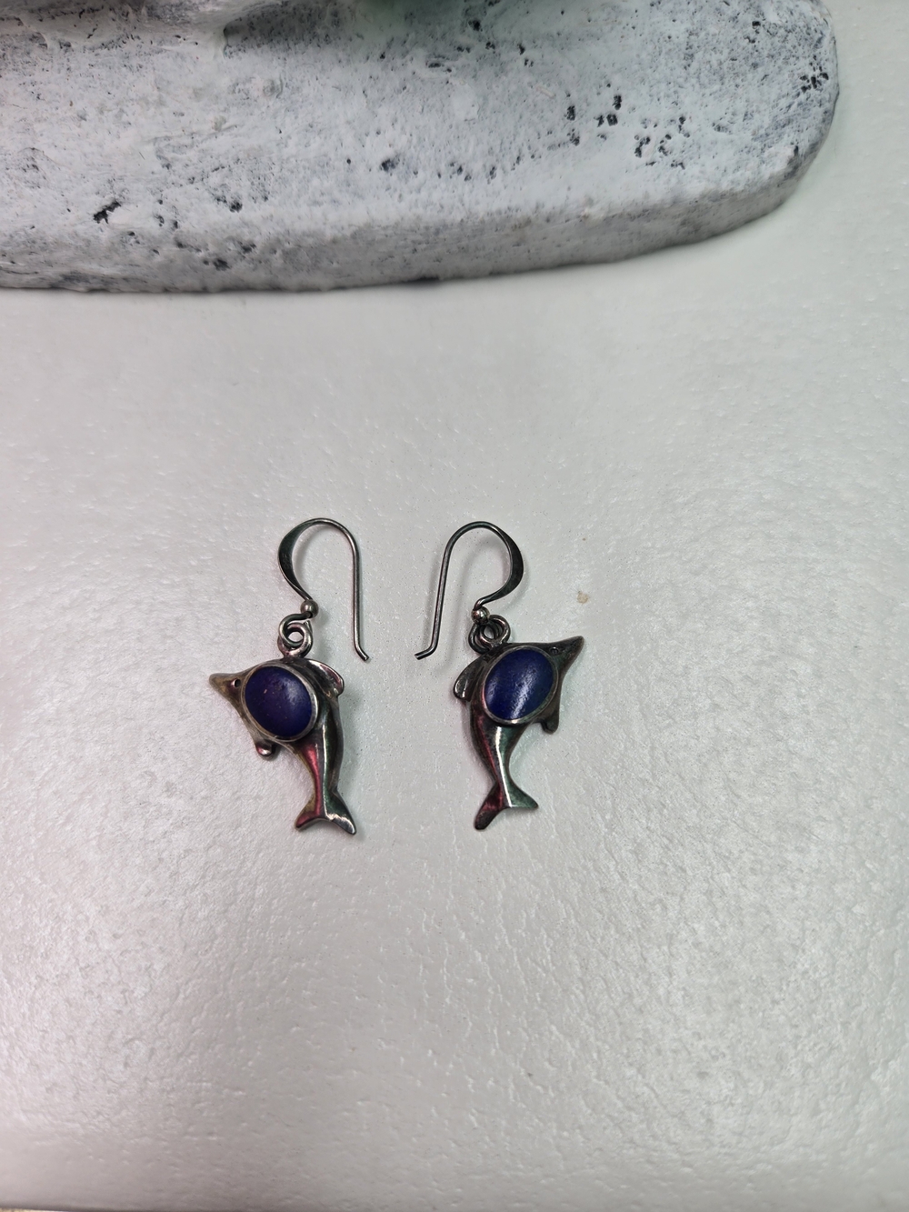 Sterling Dolphin Drop Earrings with Deep Blue Stones